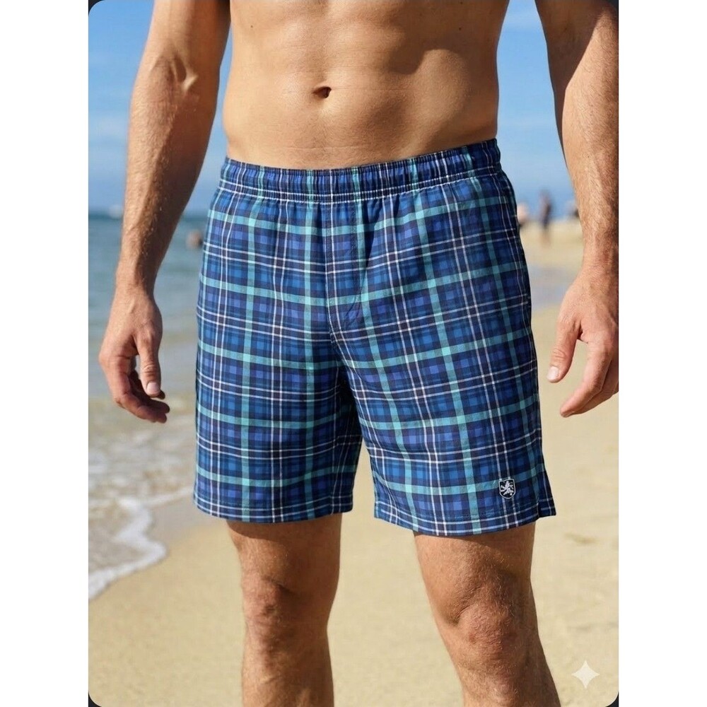 Nat by Nat Nast Swim Trunks Mens Size Large Blue Plaid Print Coastal Pool Beach